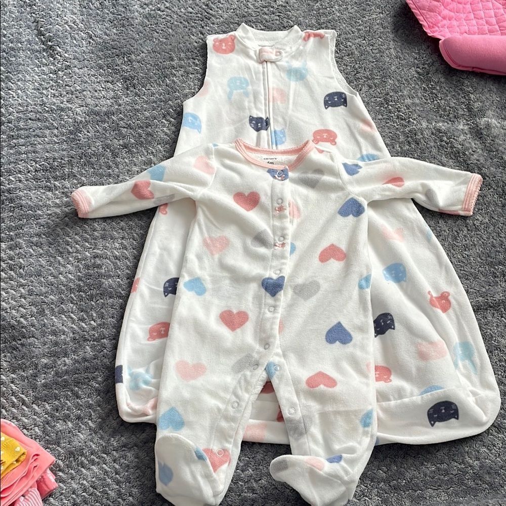 Adorable Heart Print Kids Pajamas and cat print sleep sack bundle 3-6months